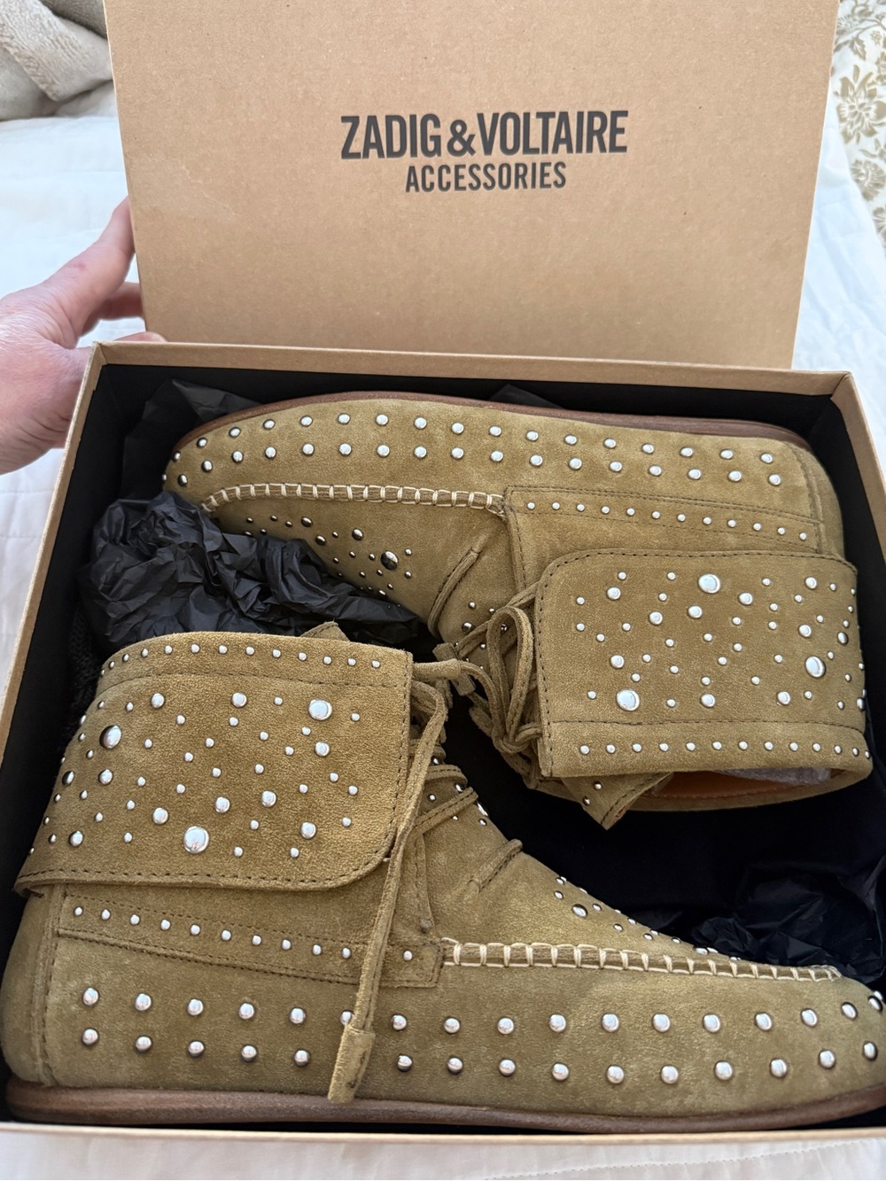 Zadig & Voltaire Tan Suede Santa Fe Dream Studs Bootie Moccasins 40 New in Box! - Picture 6 of 12